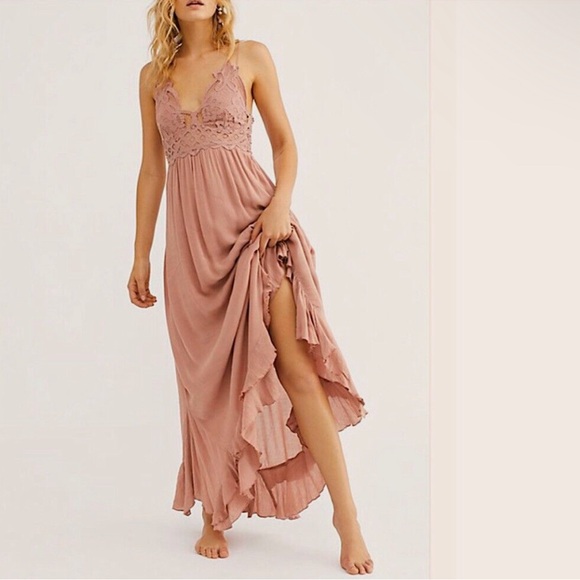 Xs NWT People Adella Crochet Lace Maxi Slip Dress Rose Xs - Picture 4 of 5